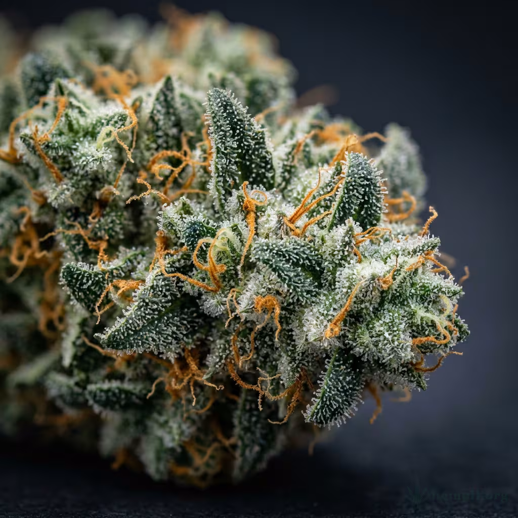 Nahaufnahme einer harzigen Kushage-Blüte mit dichten Trichomen und orangefarbenen Blütenstempeln