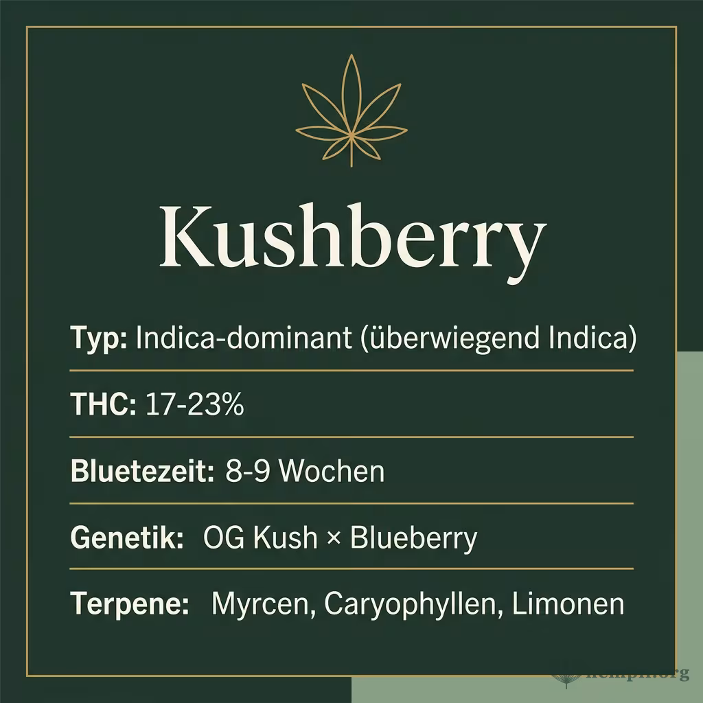 Infografik mit Kushberry Key Facts: Typ Indica-dominant (überwiegend Indica), THC 17-23%, Bluetezeit 8-9 Wochen, Genetik OG Kush × Blueberry und Terpene Myrcen, Caryophyllen, Limonen