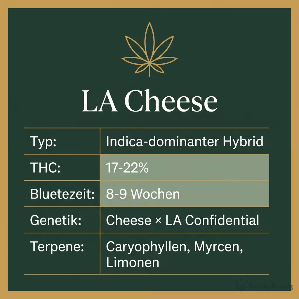 Infografik mit LA Cheese Key Facts: Typ Indica-dominanter Hybrid, THC 17-22%, Bluetezeit 8-9 Wochen, Genetik Cheese × LA Confidential und Terpene Caryophyllen, Myrcen, Limonen