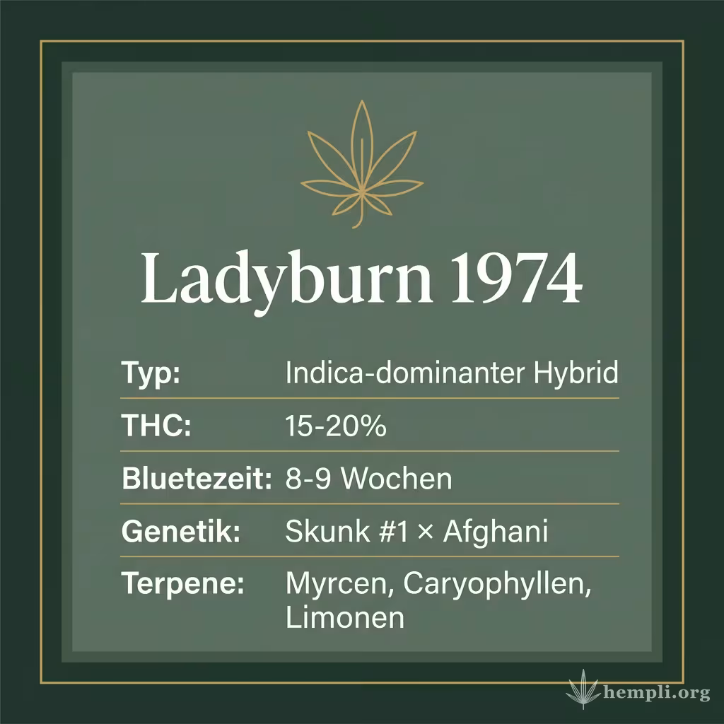 Infografik mit Ladyburn 1974 Key Facts: Typ Indica-dominanter Hybrid, THC 15-20%, Bluetezeit 8-9 Wochen, Genetik Skunk #1 × Afghani und Terpene Myrcen, Caryophyllen, Limonen