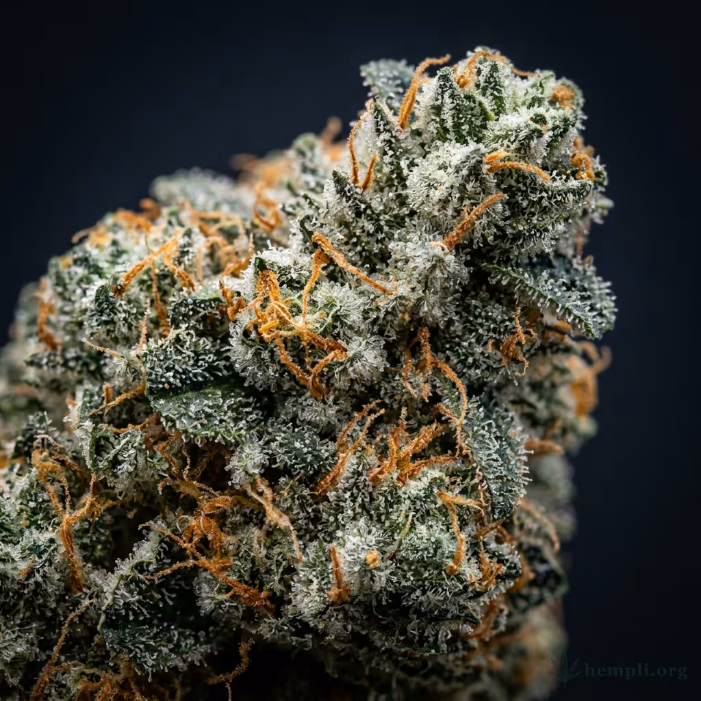 Nahaufnahme einer harzigen Larry OG Kush-Blüte mit dichten Trichomen und orangefarbenen Blütenstempeln