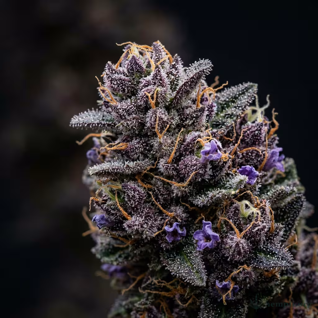 Nahaufnahme einer harzigen Lavender-Blüte mit dichten Trichomen und orangefarbenen Blütenstempeln