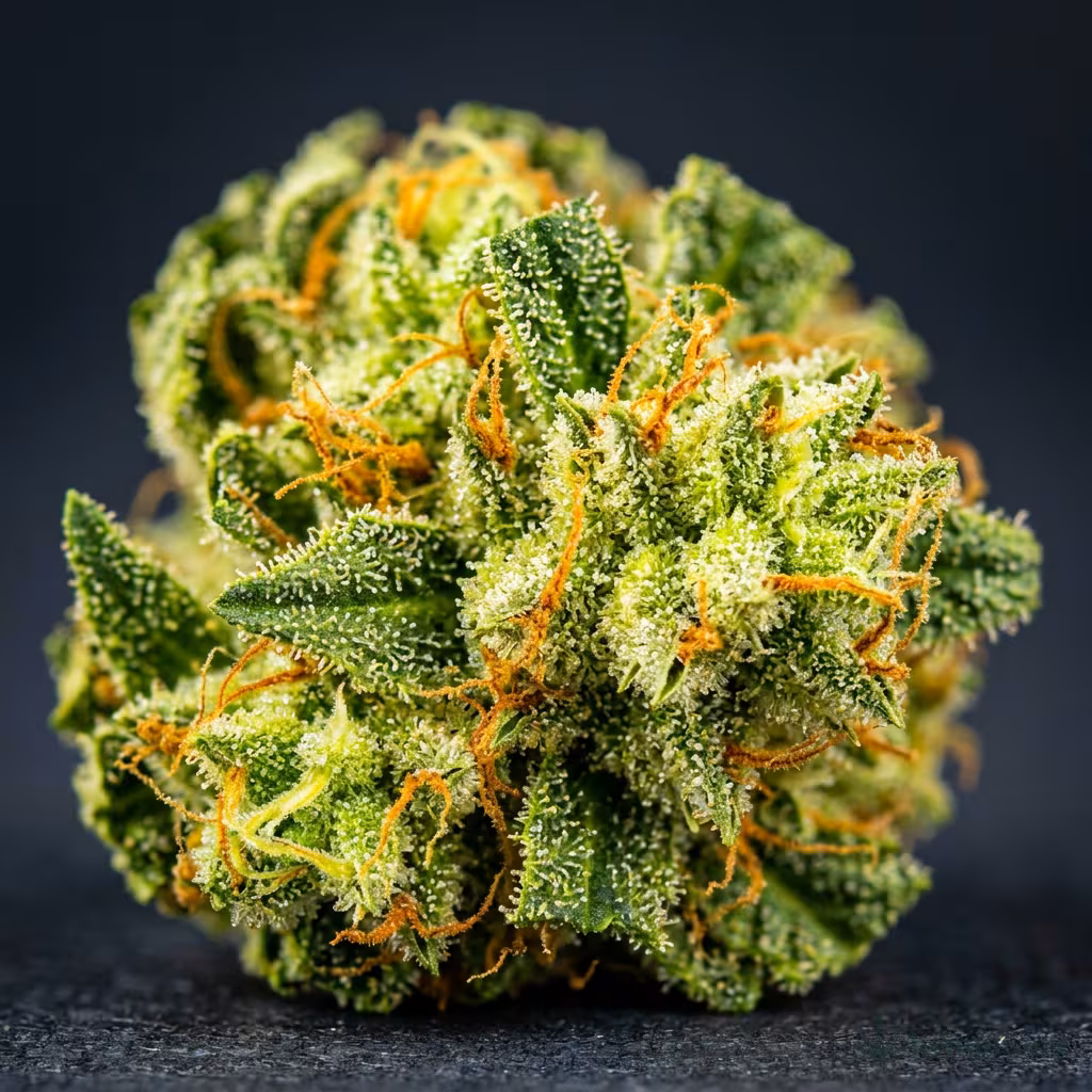 Nahaufnahme einer hellgrünen, harzigen Lemon-Haze-Blüte mit gelblichen Tönen und orangefarbenen Blütenstempeln