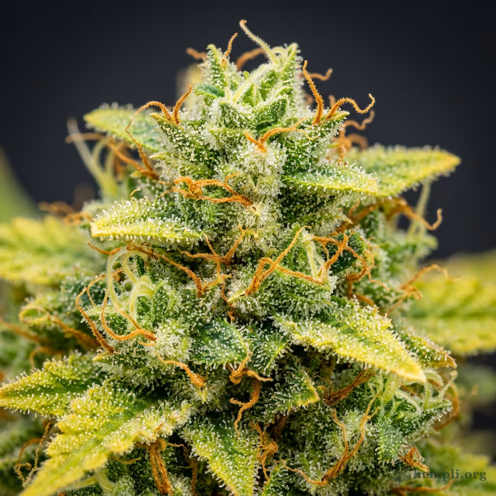 Nahaufnahme einer harzigen, hellgrünen Lemon-Kush-Blüte mit gelblichen Tönen und orangefarbenen Blütenstempeln