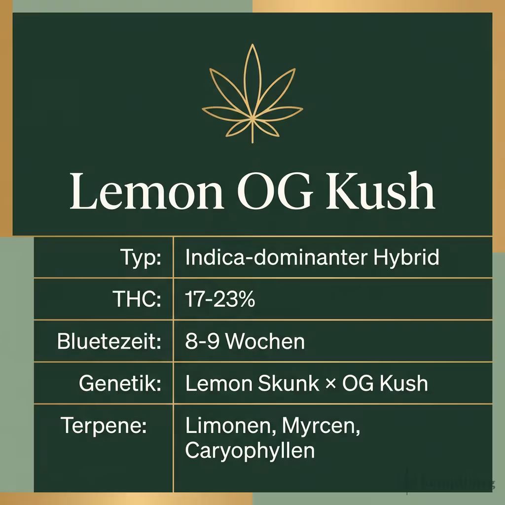 Infografik mit Lemon OG Kush Key Facts: Typ Indica-dominanter Hybrid, THC 17-23%, Bluetezeit 8-9 Wochen, Genetik Lemon Skunk × OG Kush und Terpene Limonen, Myrcen, Caryophyllen
