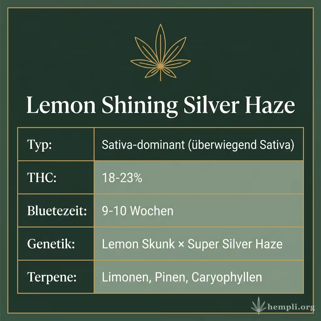 Infografik mit Lemon Shining Silver Haze Key Facts: Typ Sativa-dominant (überwiegend Sativa), THC 18-23%, Bluetezeit 9-10 Wochen, Genetik Lemon Skunk × Super Silver Haze und Terpene Limonen, Pinen, Caryophyllen