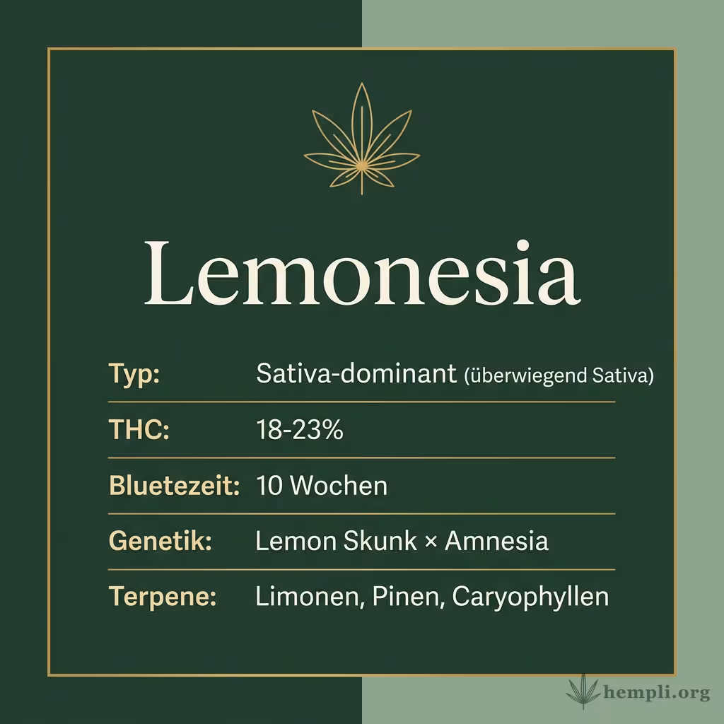 Infografik mit Lemonesia Key Facts: Typ Sativa-dominant (überwiegend Sativa), THC 18-23%, Bluetezeit 10 Wochen, Genetik Lemon Skunk × Amnesia und Terpene Limonen, Pinen, Caryophyllen