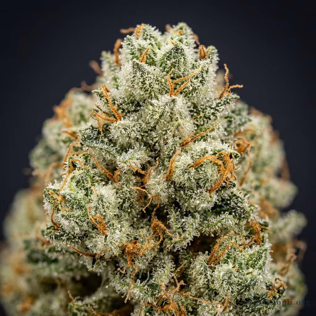 Nahaufnahme einer harzigen Liberty Haze-Blüte mit dichten Trichomen und orangefarbenen Blütenstempeln