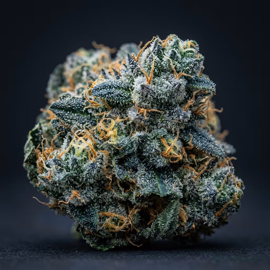 Nahaufnahme einer harzigen Mango Sapphire-Blüte mit dichten Trichomen und orangefarbenen Blütenstempeln
