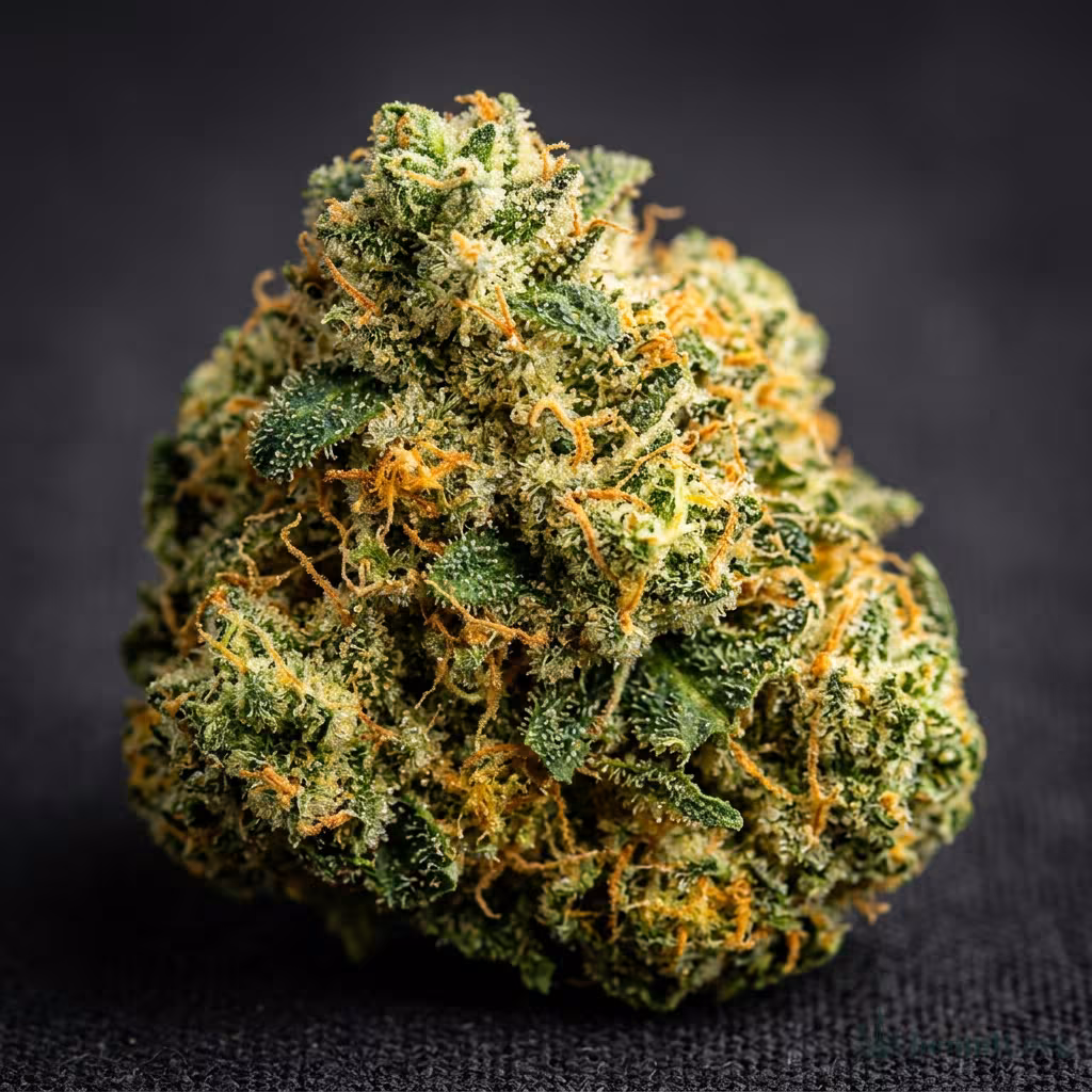 Nahaufnahme einer harzigen Mango Skunk-Blüte mit dichten Trichomen und orangefarbenen Blütenstempeln