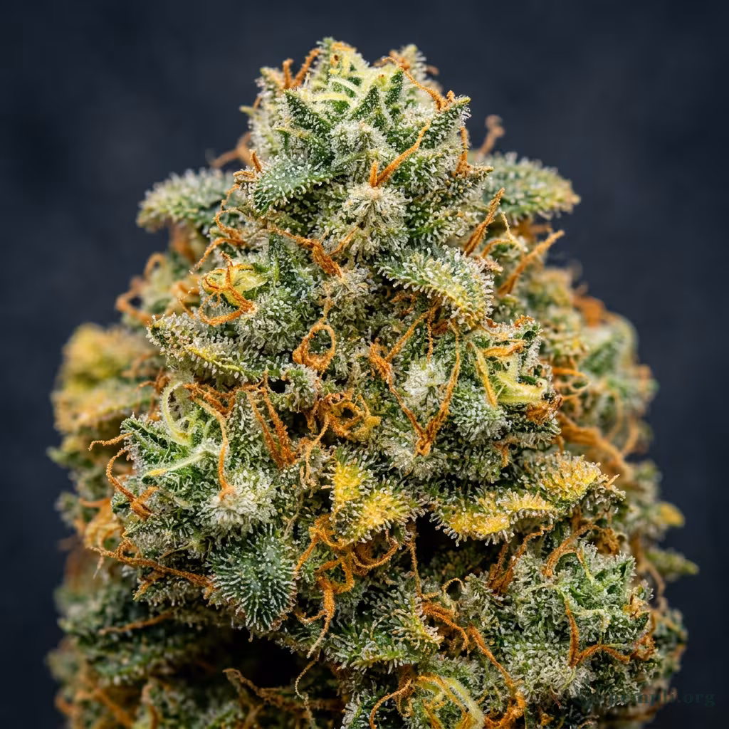 Nahaufnahme einer harzigen Mango x Widow-Blüte mit dichten Trichomen und orangefarbenen Blütenstempeln