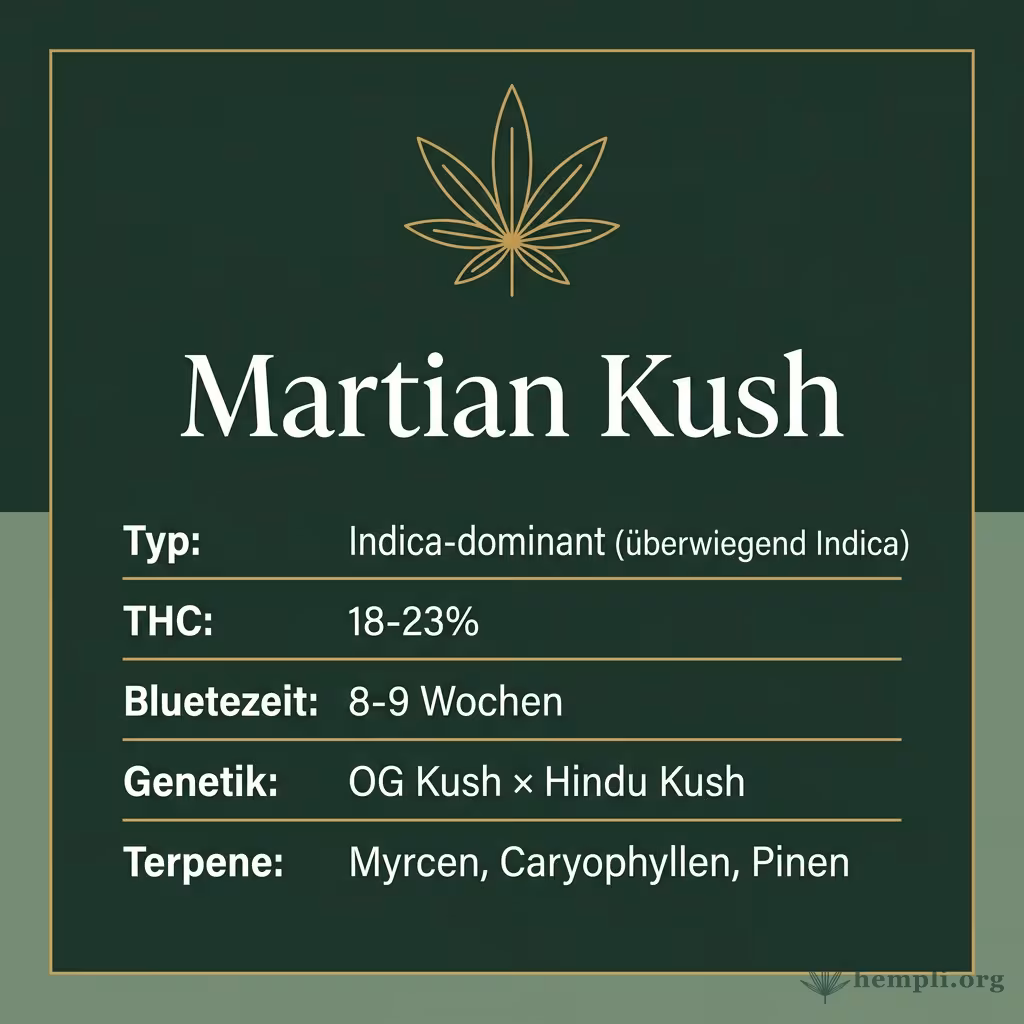 Infografik mit Martian Kush Key Facts: Typ Indica-dominant (überwiegend Indica), THC 18-23%, Bluetezeit 8-9 Wochen, Genetik OG Kush × Hindu Kush und Terpene Myrcen, Caryophyllen, Pinen