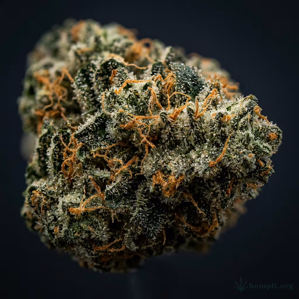 Nahaufnahme einer dichten, dunkelgrünen Master-Kush-Blüte mit kräftigem Trichombesatz und orangefarbenen Blütenstempeln