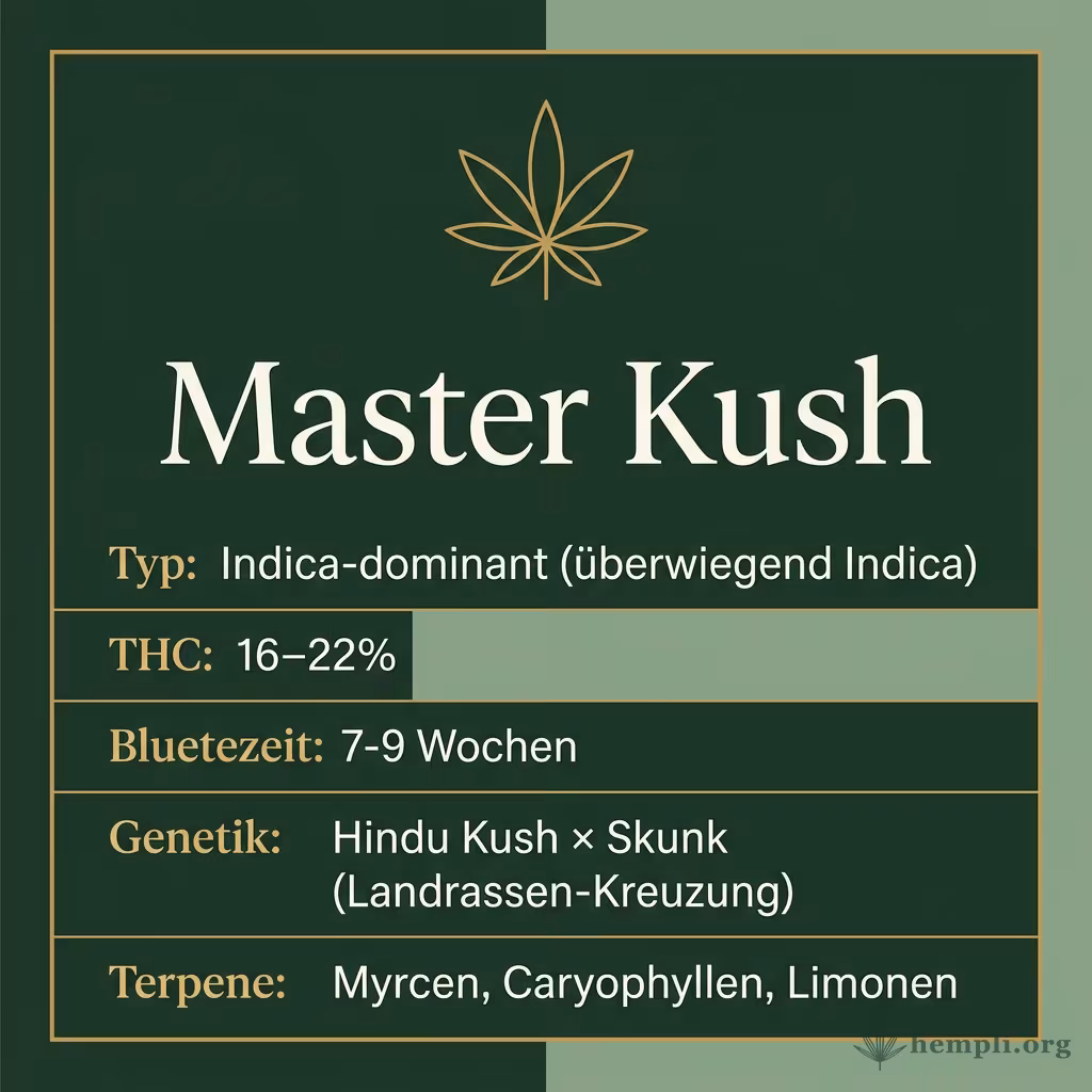 Infografik mit Master-Kush Key Facts: Typ Indica-dominant, THC 16-22%, Bluetezeit 7-9 Wochen, Genetik Hindu Kush x Skunk und Terpene Myrcen, Caryophyllen, Limonen