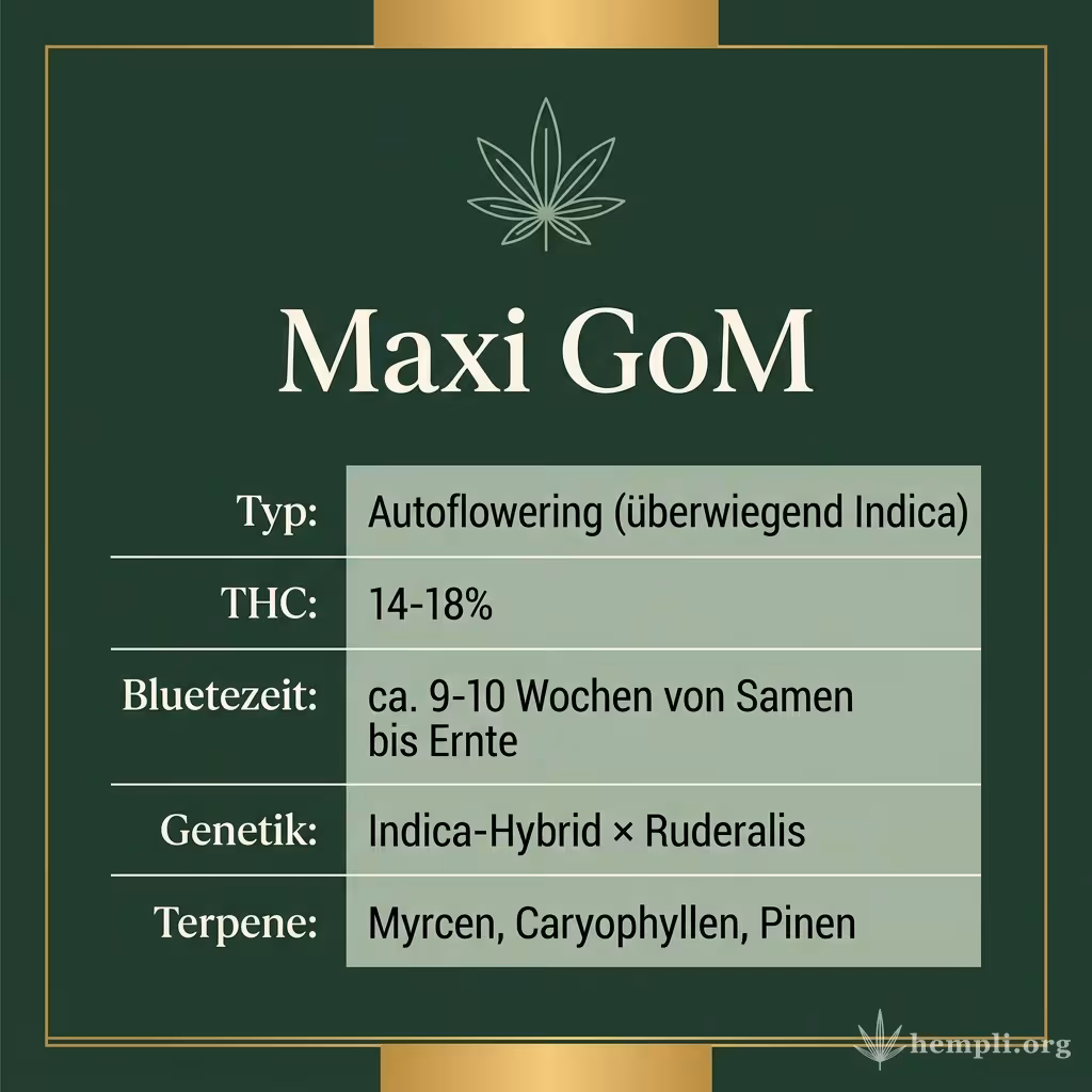 Infografik mit Maxi GoM Key Facts: Typ Autoflowering (überwiegend Indica), THC 14-18%, Bluetezeit ca. 9-10 Wochen von Samen bis Ernte, Genetik Indica-Hybrid × Ruderalis und Terpene Myrcen, Caryophyllen, Pinen