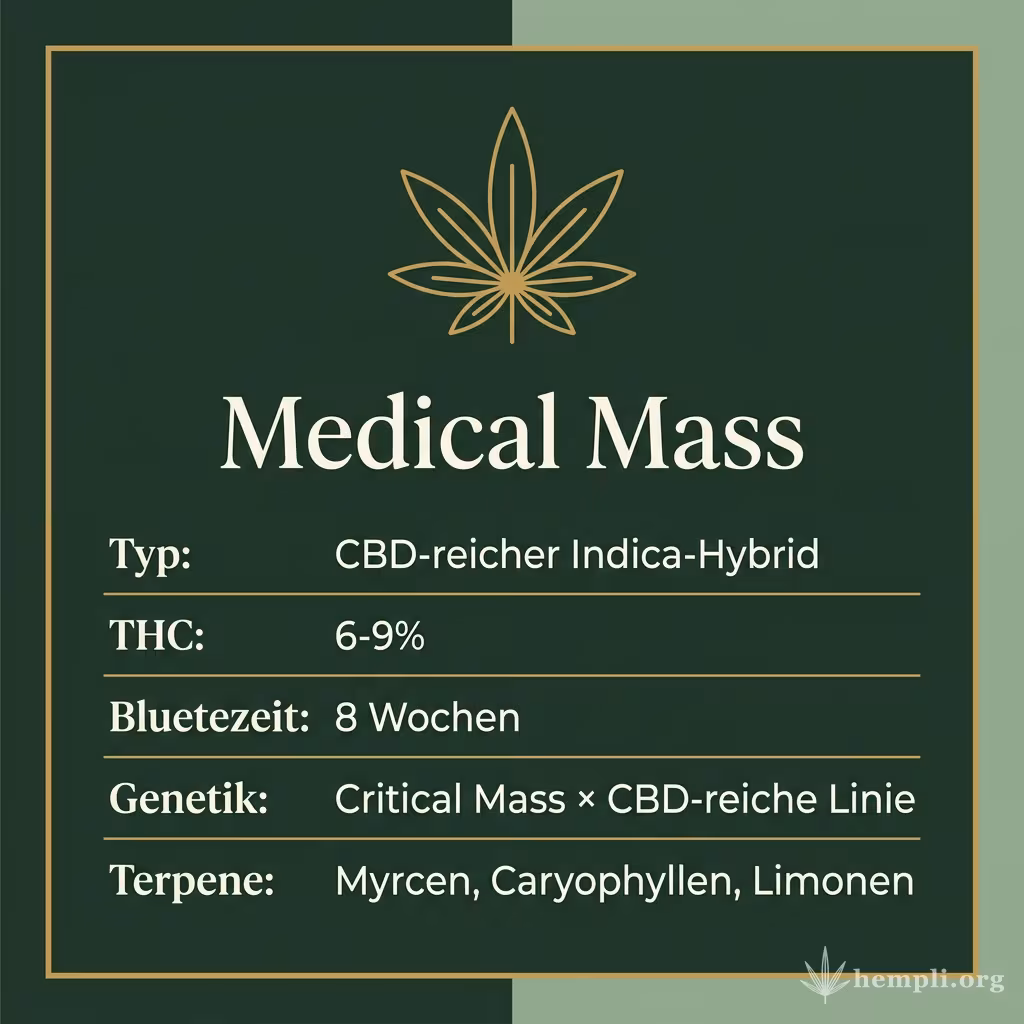 Infografik mit Medical Mass Key Facts: Typ CBD-reicher Indica-Hybrid, THC 6-9%, Bluetezeit 8 Wochen, Genetik Critical Mass × CBD-reiche Linie und Terpene Myrcen, Caryophyllen, Limonen