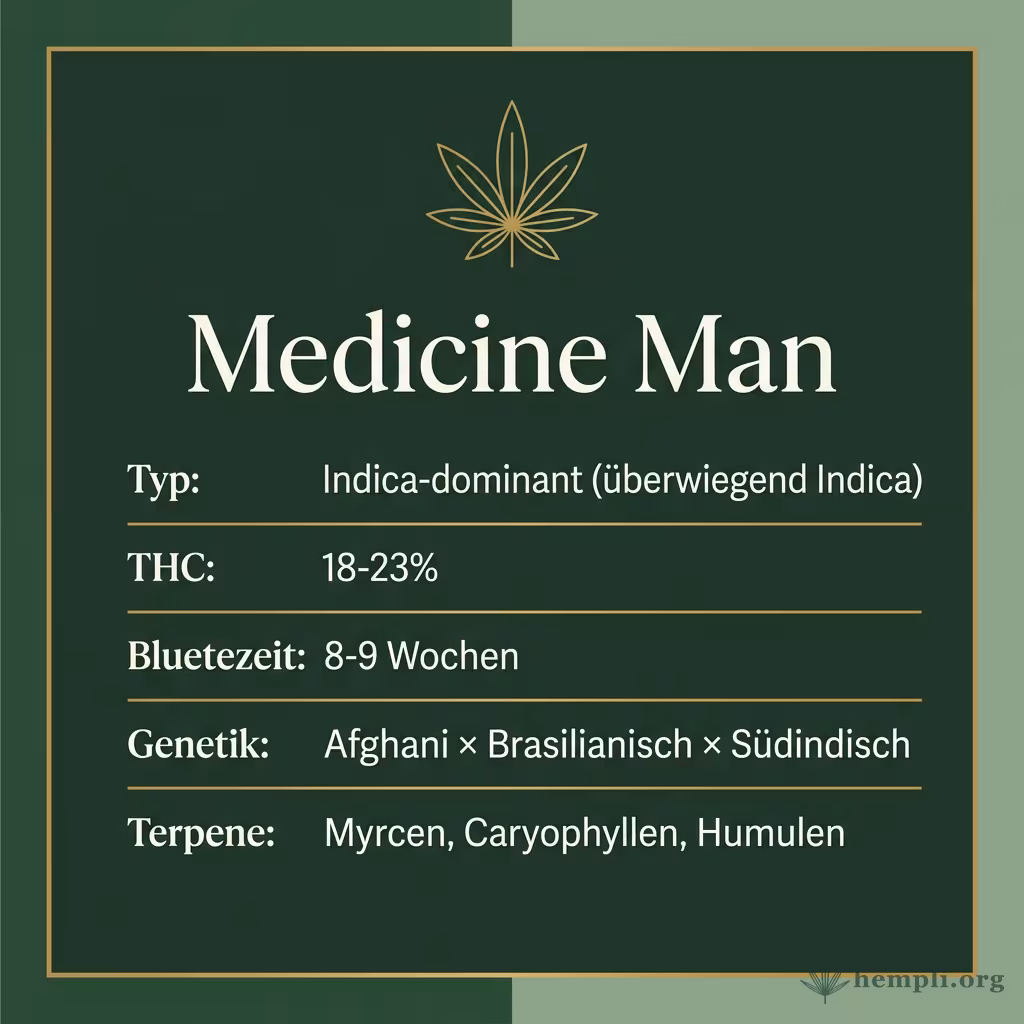 Infografik mit Medicine Man Key Facts: Typ Indica-dominant (überwiegend Indica), THC 18-23%, Bluetezeit 8-9 Wochen, Genetik Afghani × Brasilianisch × Südindisch und Terpene Myrcen, Caryophyllen, Humulen