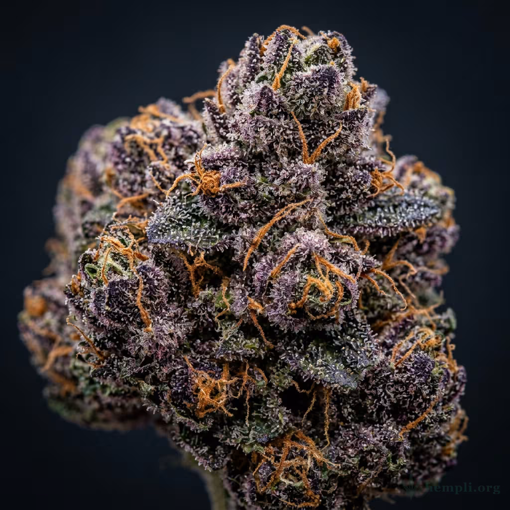 Nahaufnahme einer harzigen Mendocino Purps-Blüte mit dichten Trichomen und orangefarbenen Blütenstempeln