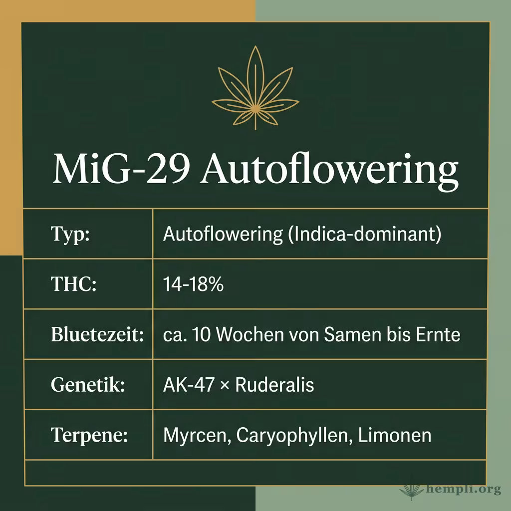 Infografik mit MiG-29 Autoflowering Key Facts: Typ Autoflowering (Indica-dominant), THC 14-18%, Bluetezeit ca. 10 Wochen von Samen bis Ernte, Genetik AK-47 × Ruderalis und Terpene Myrcen, Caryophyllen, Limonen