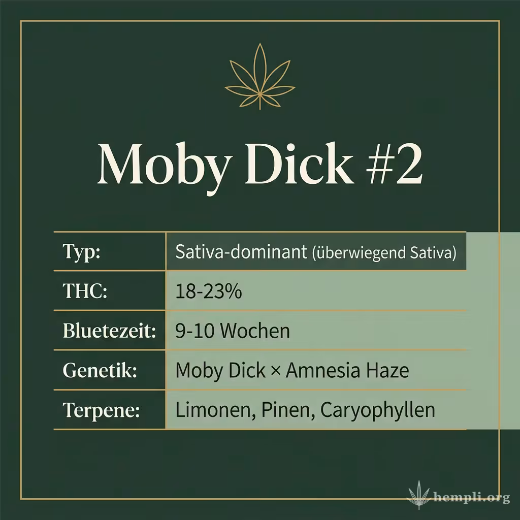 Infografik mit Moby Dick #2 Key Facts: Typ Sativa-dominant (überwiegend Sativa), THC 18-23%, Bluetezeit 9-10 Wochen, Genetik Moby Dick × Amnesia Haze und Terpene Limonen, Pinen, Caryophyllen
