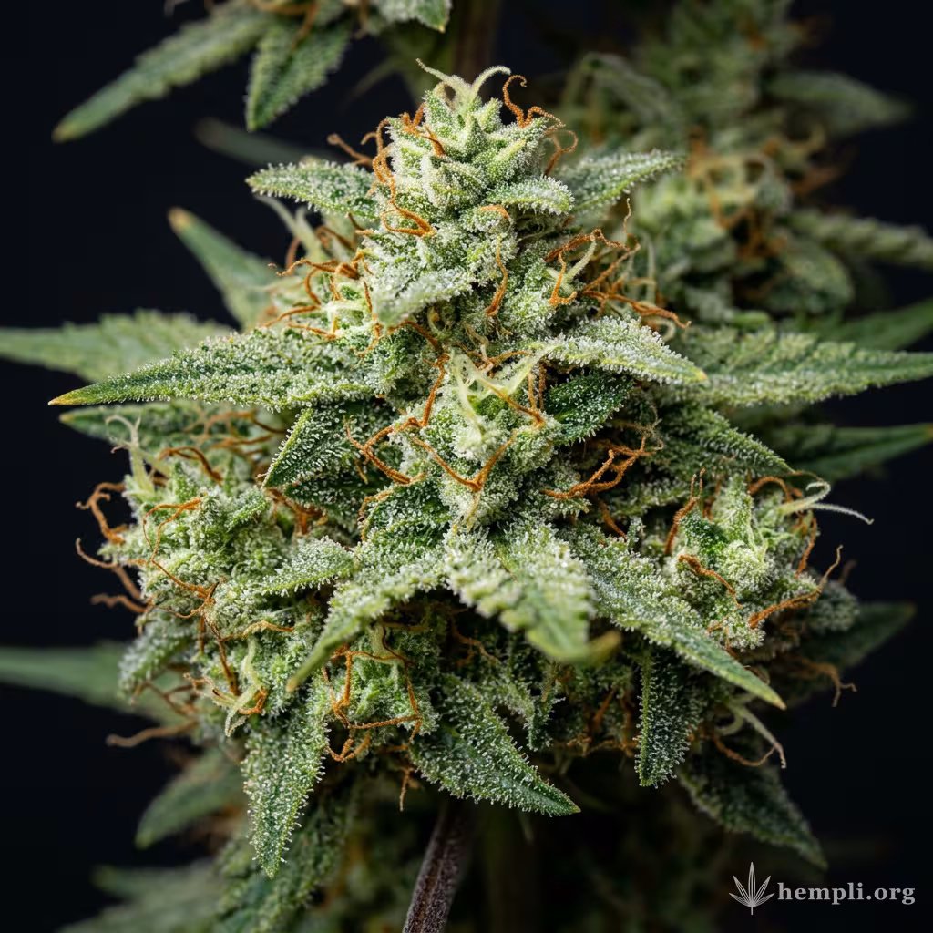 Nahaufnahme einer harzigen Moby Dick XXL Autoflowering-Blüte mit dichten Trichomen und orangefarbenen Blütenstempeln