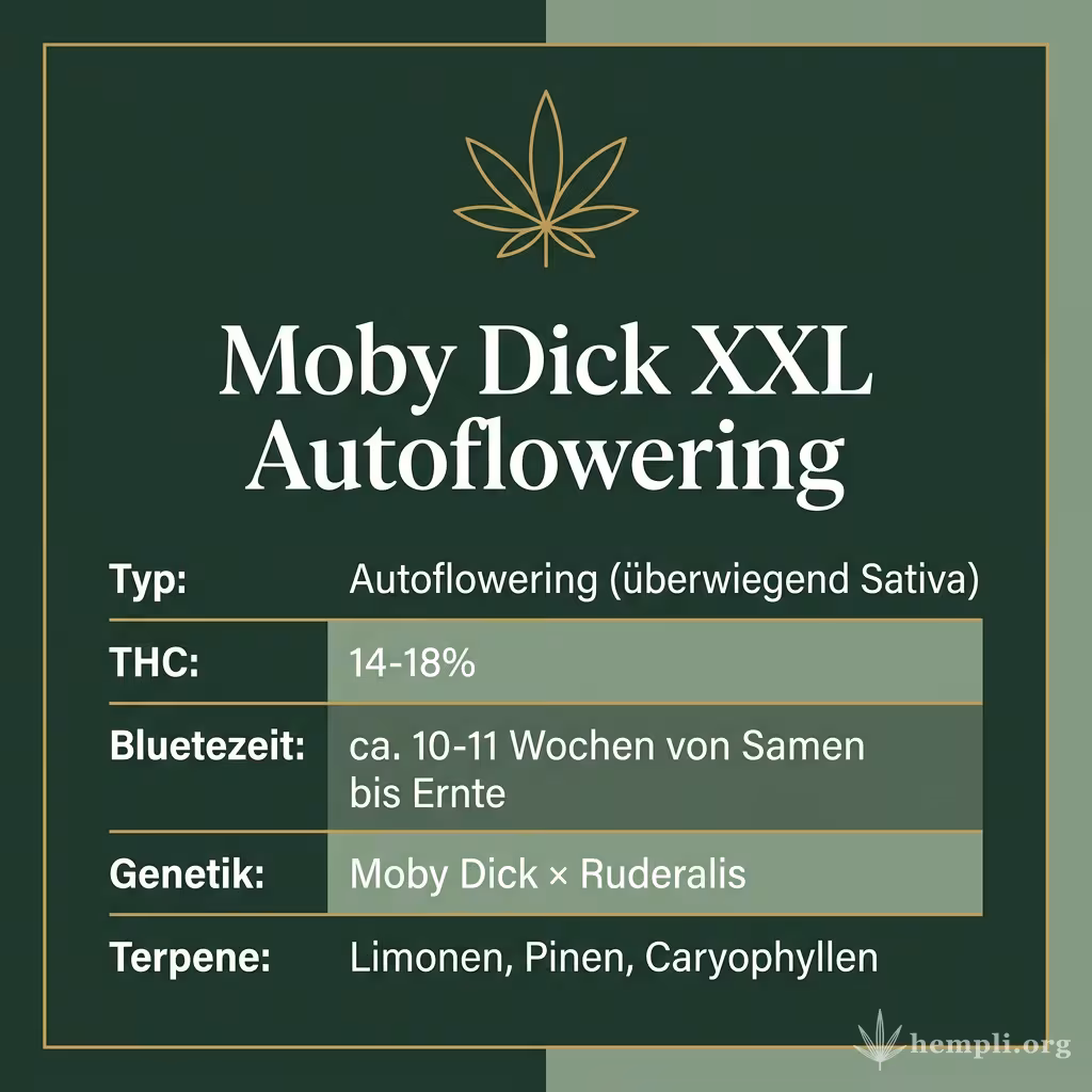 Infografik mit Moby Dick XXL Autoflowering Key Facts: Typ Autoflowering (überwiegend Sativa), THC 14-18%, Bluetezeit ca. 10-11 Wochen von Samen bis Ernte, Genetik Moby Dick × Ruderalis und Terpene Limonen, Pinen, Caryophyllen