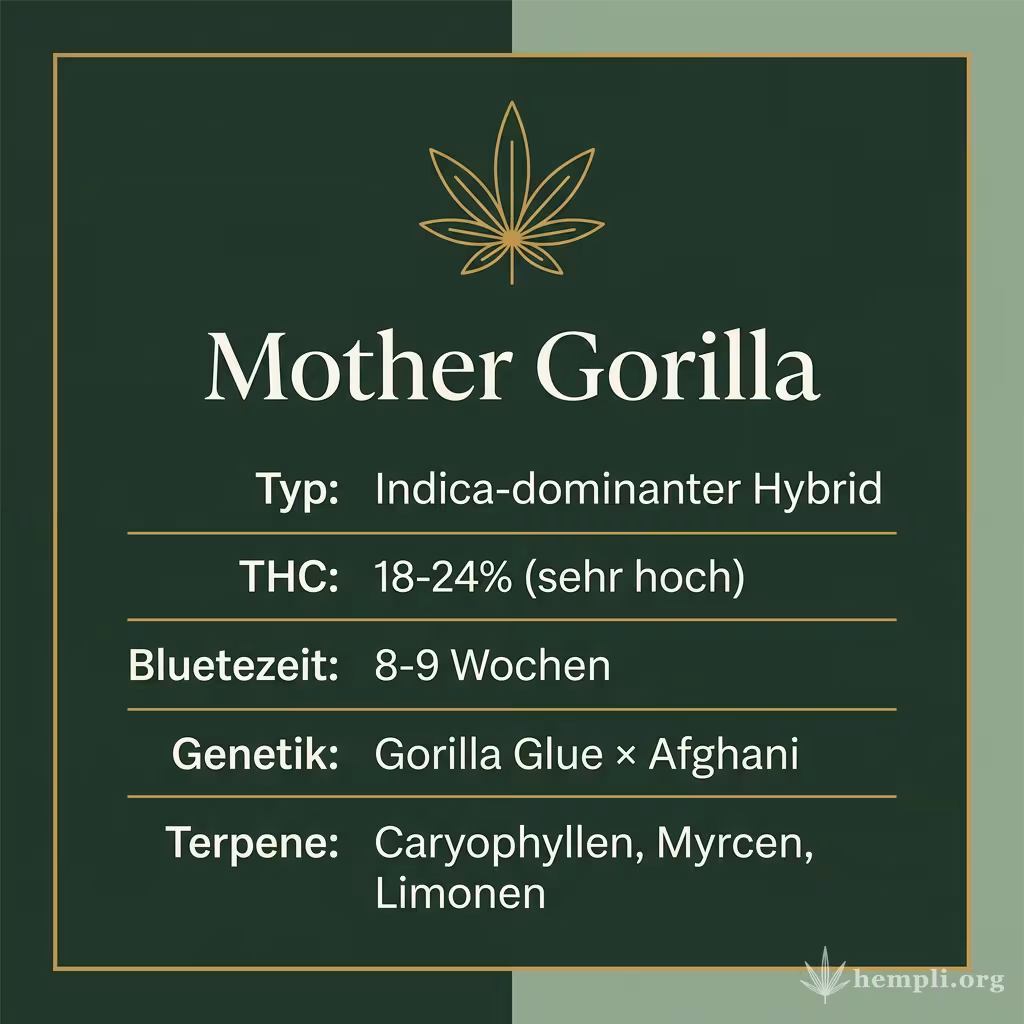 Infografik mit Mother Gorilla Key Facts: Typ Indica-dominanter Hybrid, THC 18-24% (sehr hoch), Bluetezeit 8-9 Wochen, Genetik Gorilla Glue × Afghani und Terpene Caryophyllen, Myrcen, Limonen