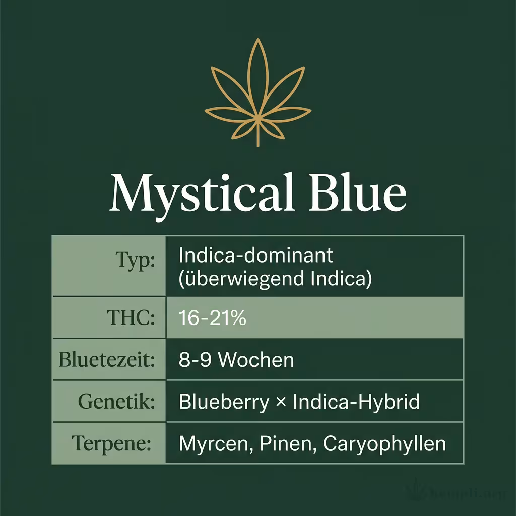 Infografik mit Mystical Blue Key Facts: Typ Indica-dominant (überwiegend Indica), THC 16-21%, Bluetezeit 8-9 Wochen, Genetik Blueberry × Indica-Hybrid und Terpene Myrcen, Pinen, Caryophyllen