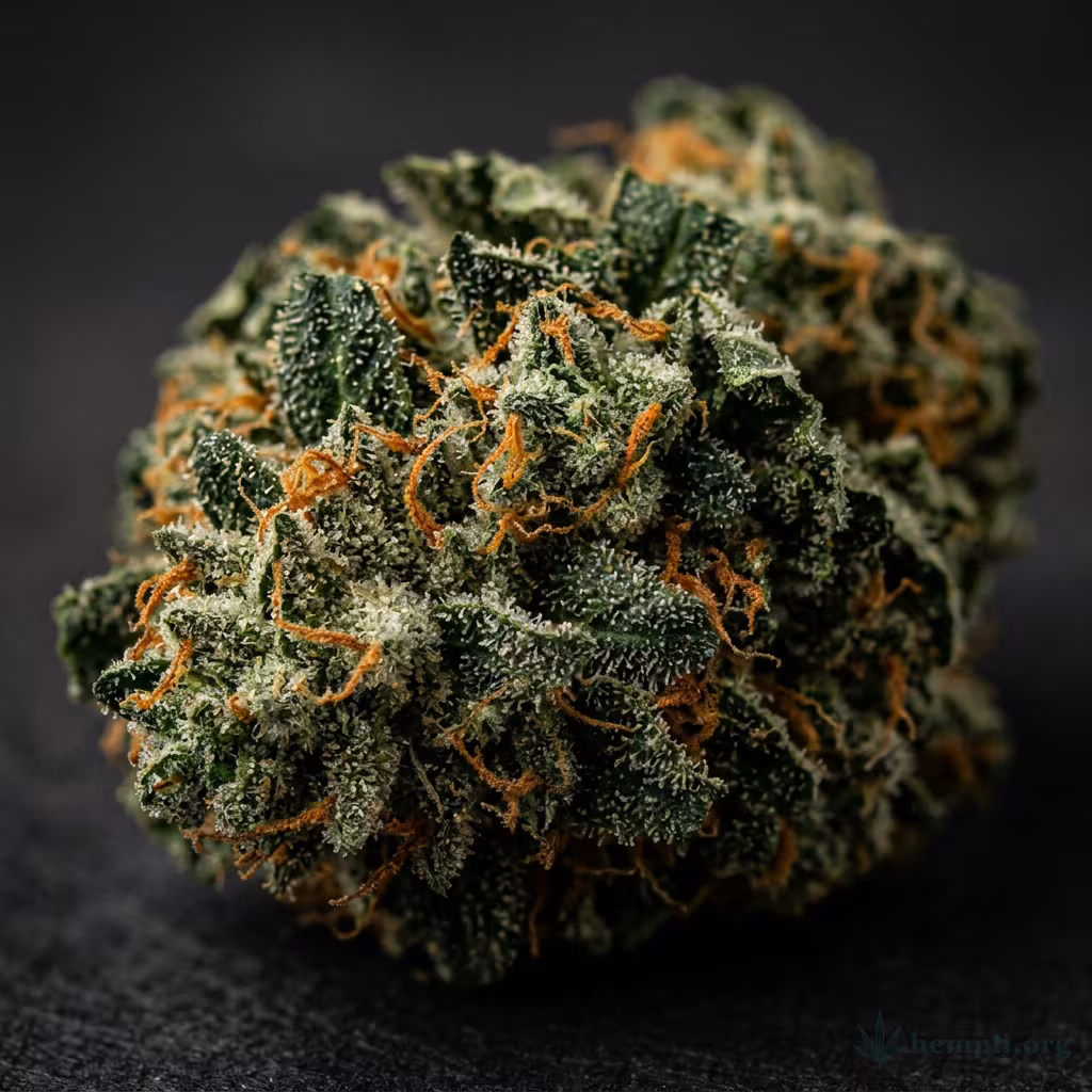 Nahaufnahme einer harzigen Nepal Kush-Blüte mit dichten Trichomen und orangefarbenen Blütenstempeln