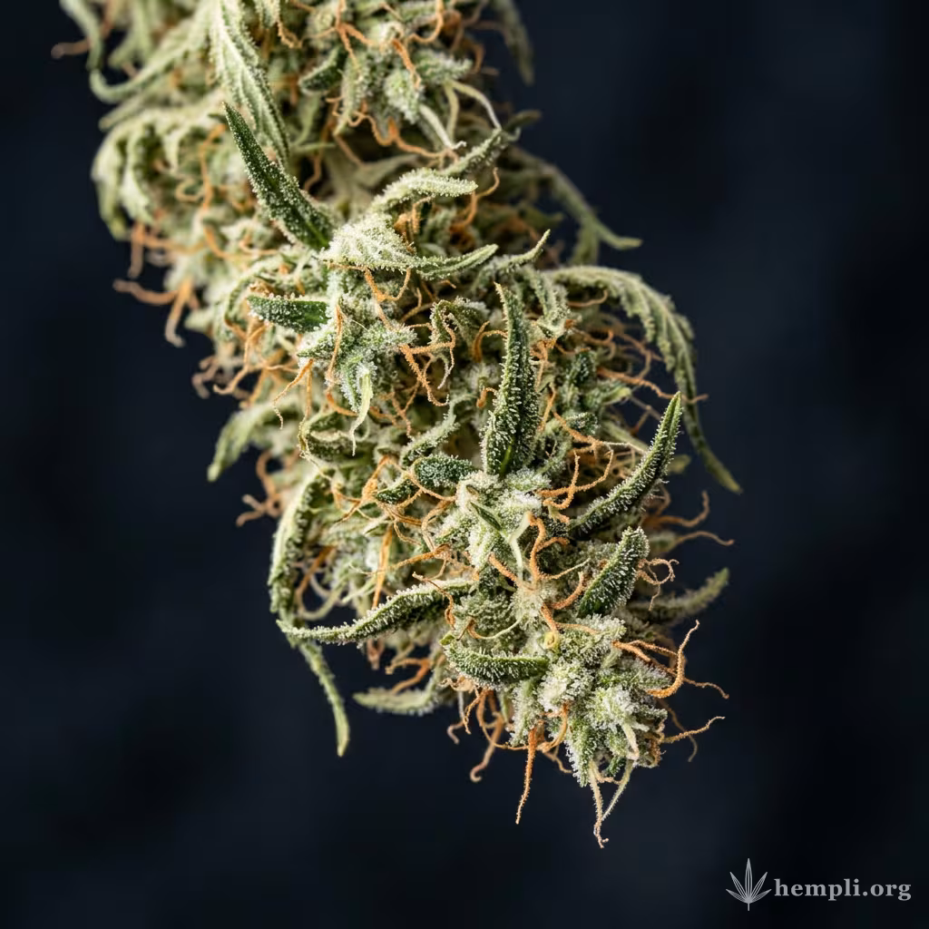 Nahaufnahme einer harzigen Neville's Haze-Blüte mit dichten Trichomen und orangefarbenen Blütenstempeln