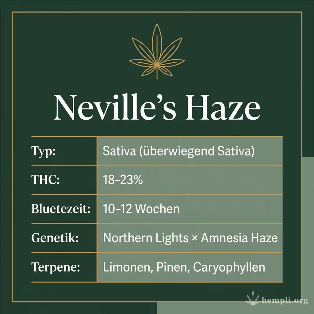 Infografik mit Neville's Haze Key Facts: Typ Sativa (überwiegend Sativa), THC 18-23%, Bluetezeit 10-12 Wochen, Genetik Northern Lights × Amnesia Haze und Terpene Limonen, Pinen, Caryophyllen