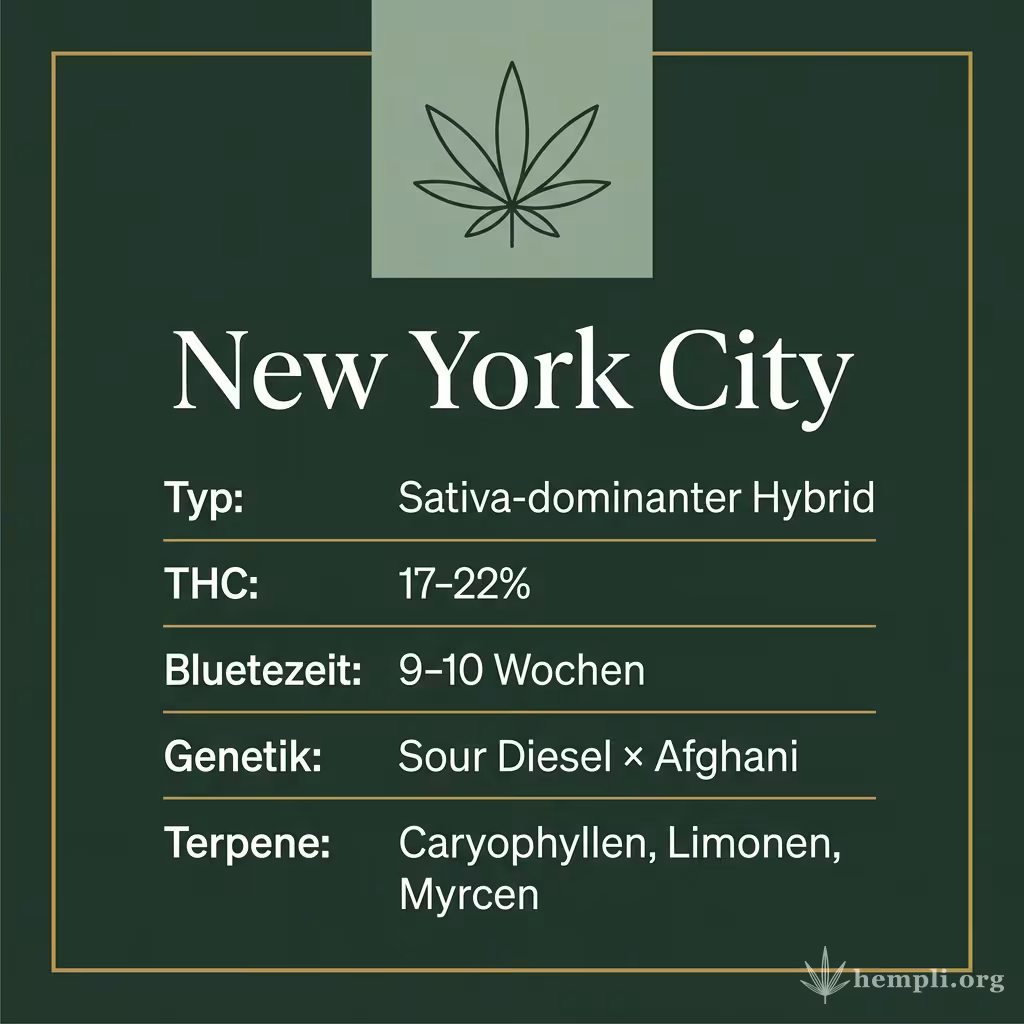 Infografik mit New York City Key Facts: Typ Sativa-dominanter Hybrid, THC 17-22%, Bluetezeit 9-10 Wochen, Genetik Sour Diesel × Afghani und Terpene Caryophyllen, Limonen, Myrcen