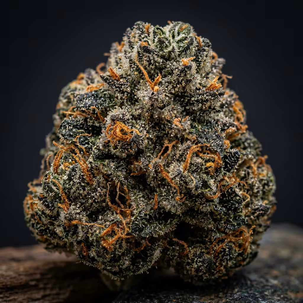 Nahaufnahme einer harzigen Nicole Kush-Blüte mit dichten Trichomen und orangefarbenen Blütenstempeln