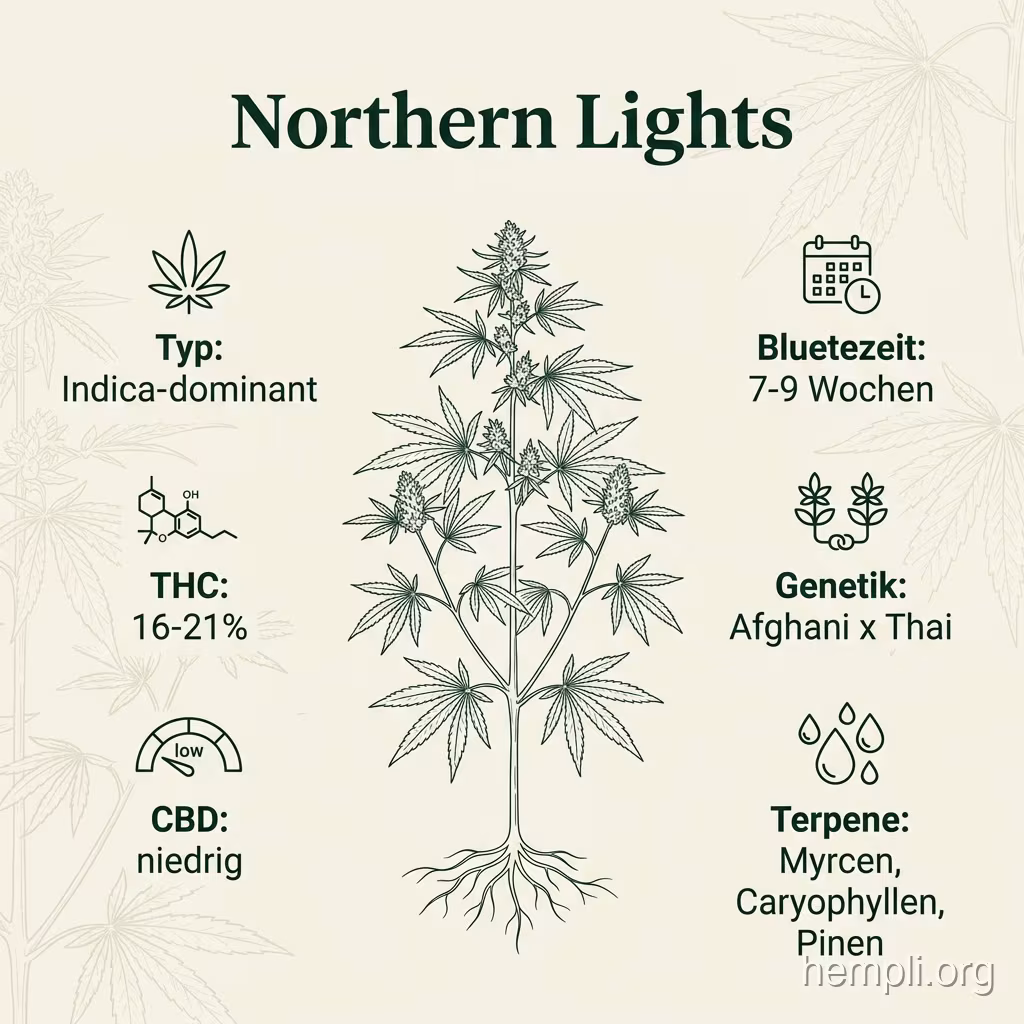 Infografik mit Northern-Lights Key Facts: Typ Indica-dominant, THC 16-21%, Bluetezeit 7-9 Wochen, Genetik Afghani x Thai und Terpene Myrcen, Caryophyllen, Pinen