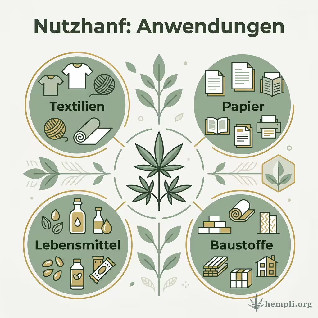 Infografik Nutzhanf-Anwendungen: Textilien, Papier, Baustoffe und Lebensmittel