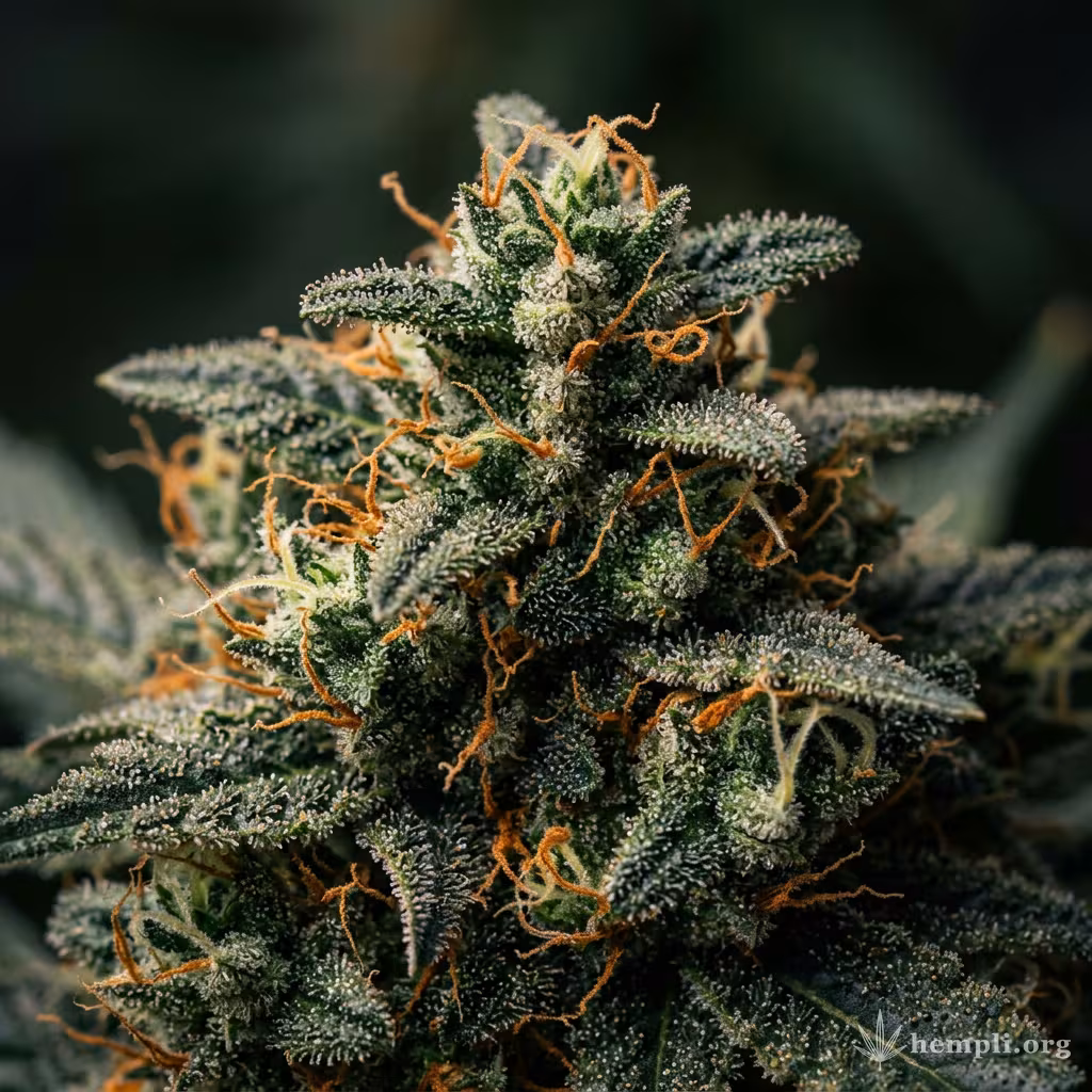 Nahaufnahme einer harzigen OG Kush Autoflowering-Blüte mit dichten Trichomen und orangefarbenen Blütenstempeln
