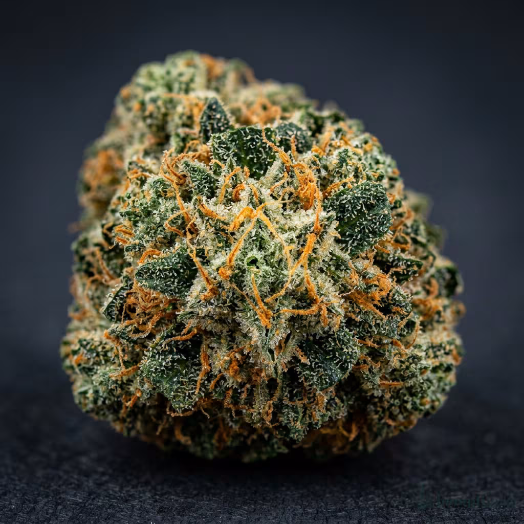 Nahaufnahme einer harzigen Orange Bud-Blüte mit dichten Trichomen und orangefarbenen Blütenstempeln