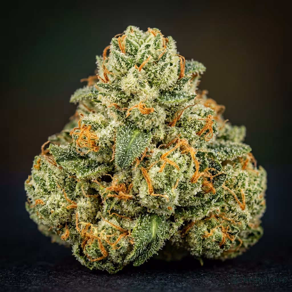 Nahaufnahme einer harzigen Orange Sherbert-Blüte mit dichten Trichomen und orangefarbenen Blütenstempeln