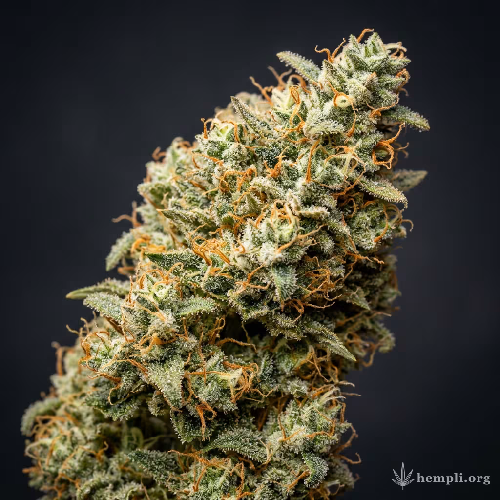 Nahaufnahme einer harzigen Original Amnesia Autoflowering-Blüte mit dichten Trichomen und orangefarbenen Blütenstempeln