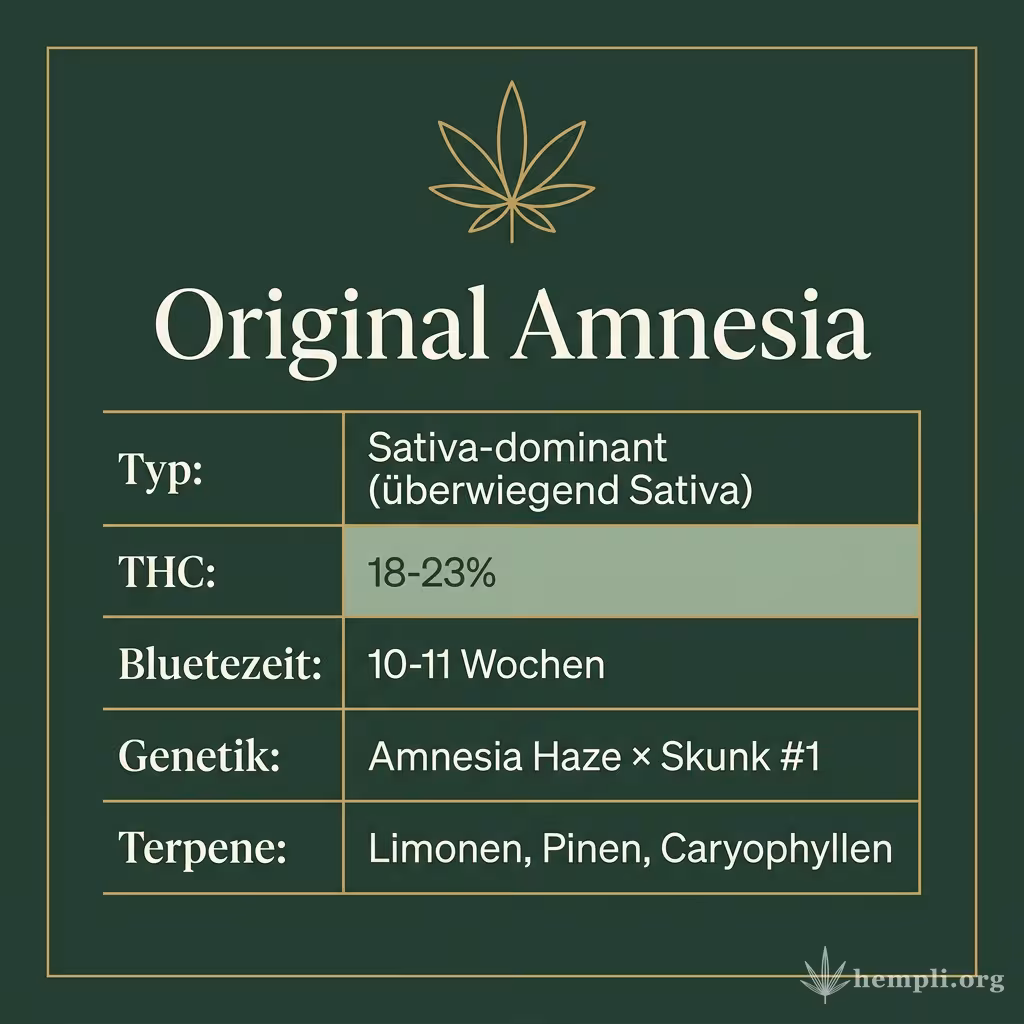 Infografik mit Original Amnesia Key Facts: Typ Sativa-dominant (überwiegend Sativa), THC 18-23%, Bluetezeit 10-11 Wochen, Genetik Amnesia Haze × Skunk #1 und Terpene Limonen, Pinen, Caryophyllen