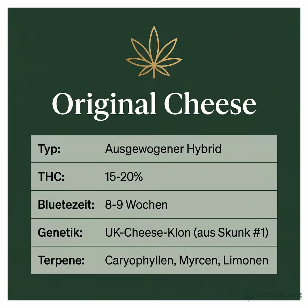 Infografik mit Original Cheese Key Facts: Typ Ausgewogener Hybrid, THC 15-20%, Bluetezeit 8-9 Wochen, Genetik UK-Cheese-Klon (aus Skunk #1) und Terpene Caryophyllen, Myrcen, Limonen