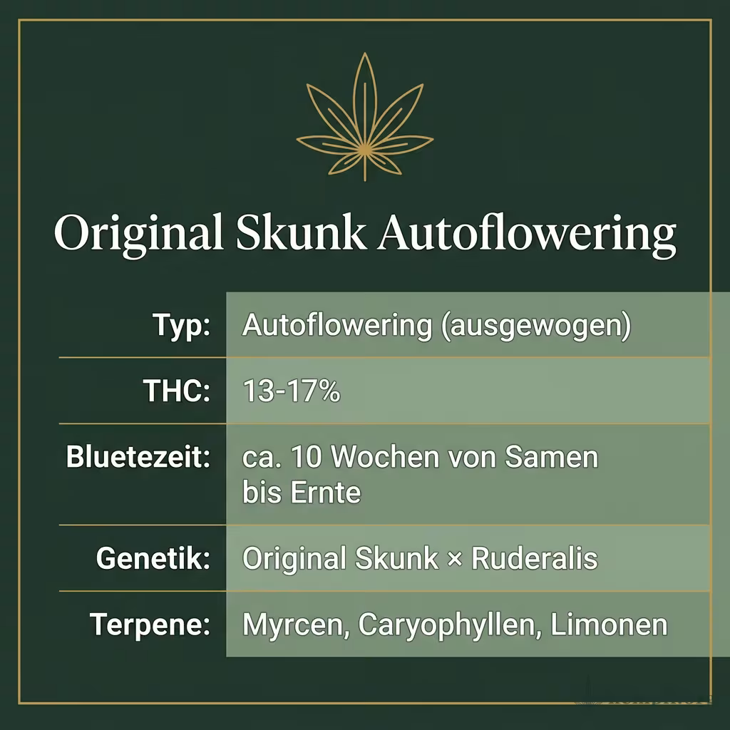 Infografik mit Original Skunk Autoflowering Key Facts: Typ Autoflowering (ausgewogen), THC 13-17%, Bluetezeit ca. 10 Wochen von Samen bis Ernte, Genetik Original Skunk × Ruderalis und Terpene Myrcen, Caryophyllen, Limonen