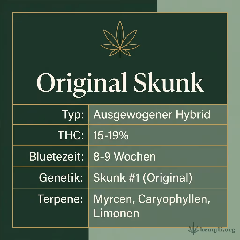 Infografik mit Original Skunk Key Facts: Typ Ausgewogener Hybrid, THC 15-19%, Bluetezeit 8-9 Wochen, Genetik Skunk #1 (Original) und Terpene Myrcen, Caryophyllen, Limonen
