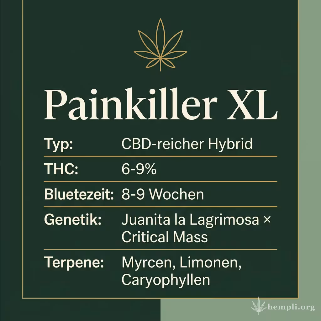 Infografik mit Painkiller XL Key Facts: Typ CBD-reicher Hybrid, THC 6-9%, Bluetezeit 8-9 Wochen, Genetik Juanita la Lagrimosa × Critical Mass und Terpene Myrcen, Limonen, Caryophyllen