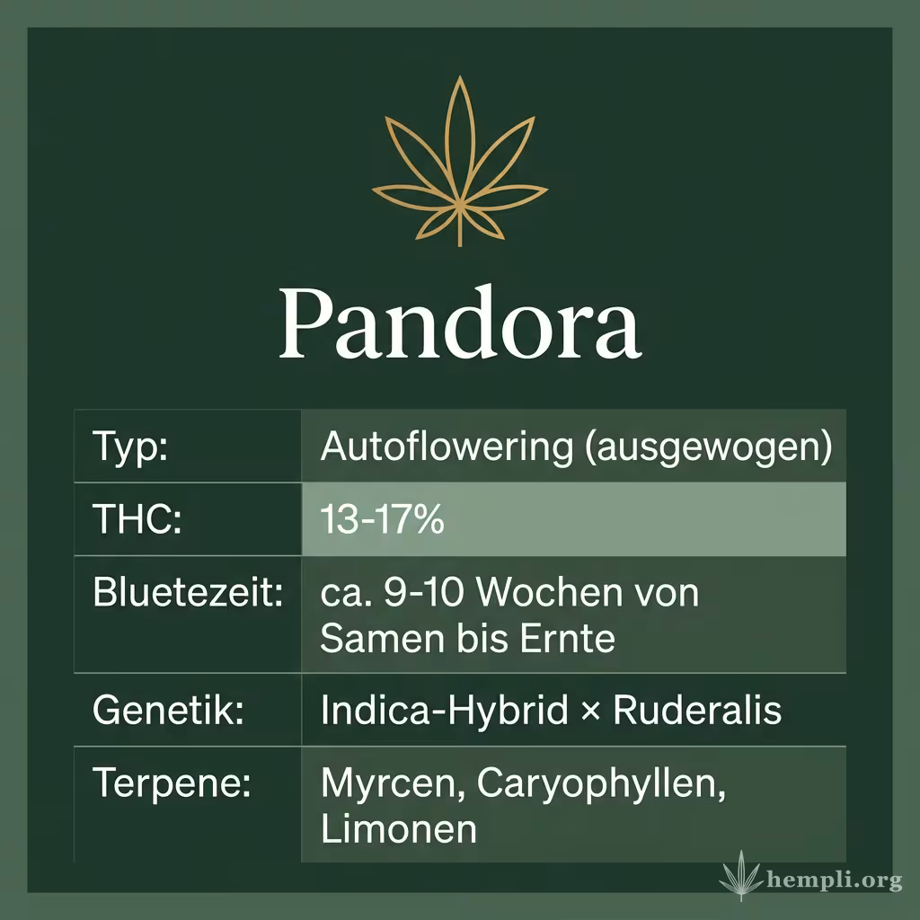 Infografik mit Pandora Key Facts: Typ Autoflowering (ausgewogen), THC 13-17%, Bluetezeit ca. 9-10 Wochen von Samen bis Ernte, Genetik Indica-Hybrid × Ruderalis und Terpene Myrcen, Caryophyllen, Limonen