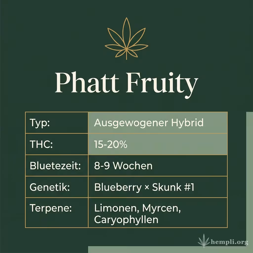 Infografik mit Phatt Fruity Key Facts: Typ Ausgewogener Hybrid, THC 15-20%, Bluetezeit 8-9 Wochen, Genetik Blueberry × Skunk #1 und Terpene Limonen, Myrcen, Caryophyllen