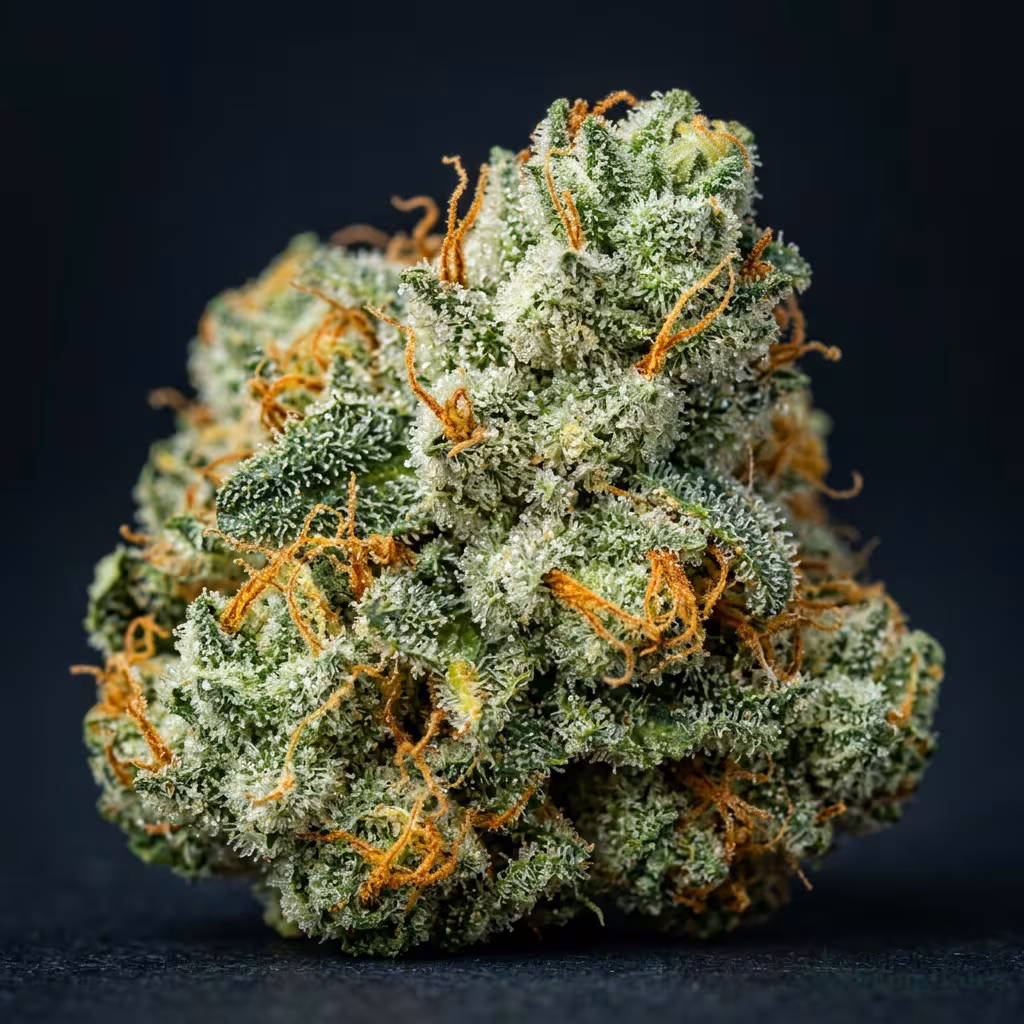 Nahaufnahme einer harzigen, hellgrünen Pineapple-Express-Blüte mit dichten Trichomen und orangefarbenen Blütenstempeln