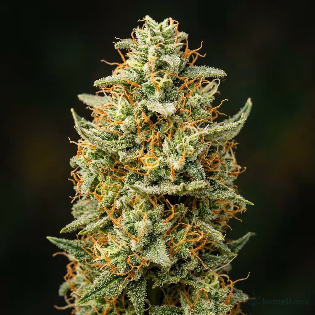 Nahaufnahme einer langgestreckten, hellgrünen Pineapple-Haze-Blüte mit harzigen Trichomen und orangefarbenen Blütenstempeln