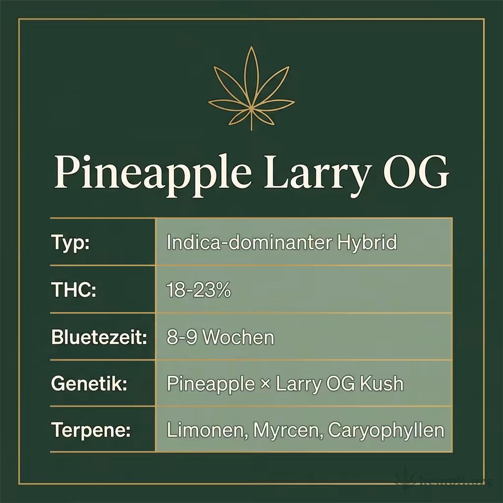 Infografik mit Pineapple Larry OG Key Facts: Typ Indica-dominanter Hybrid, THC 18-23%, Bluetezeit 8-9 Wochen, Genetik Pineapple × Larry OG Kush und Terpene Limonen, Myrcen, Caryophyllen
