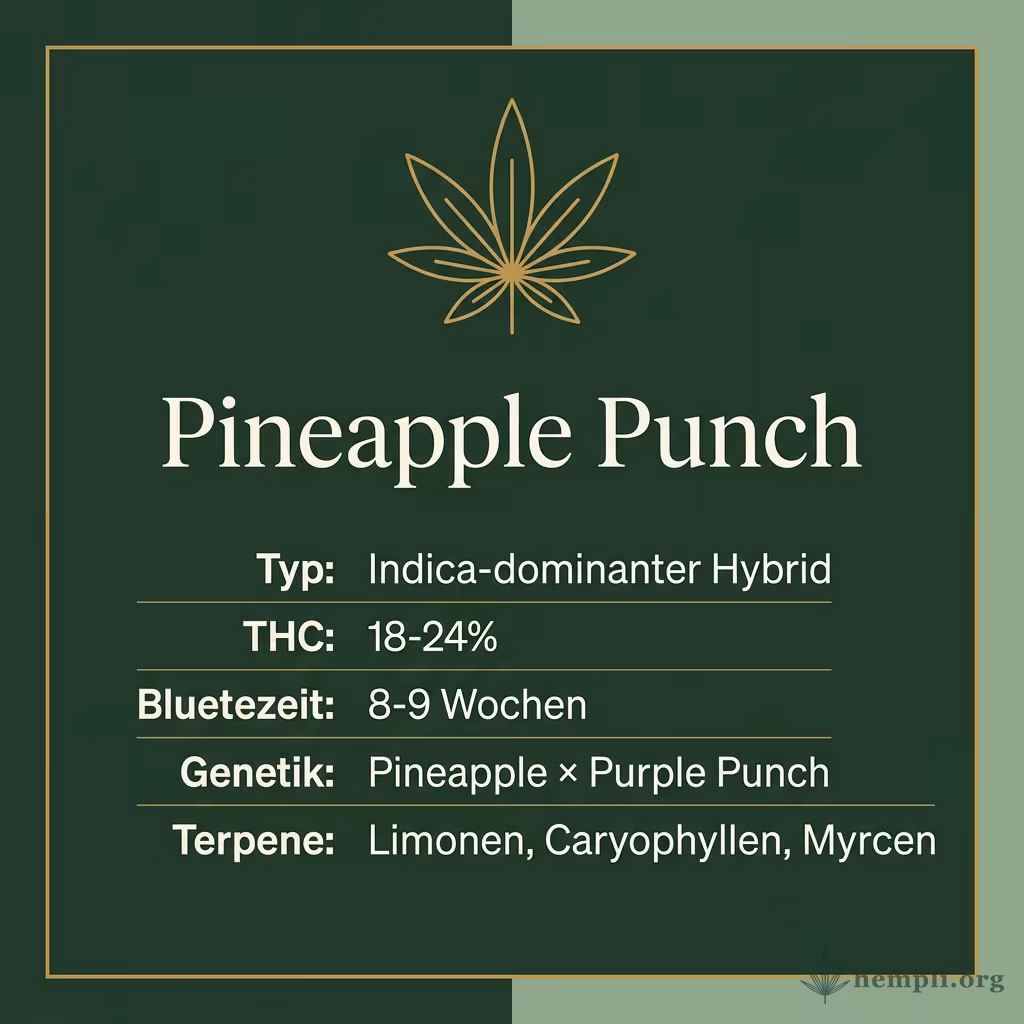 Infografik mit Pineapple Punch Key Facts: Typ Indica-dominanter Hybrid, THC 18-24%, Bluetezeit 8-9 Wochen, Genetik Pineapple × Purple Punch und Terpene Limonen, Caryophyllen, Myrcen